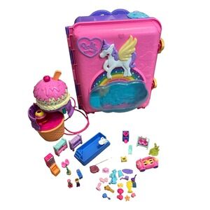 Polly Pocket Unicorn Party Rolling Suitcase Ice Cream Cone Playset & 30+ Access